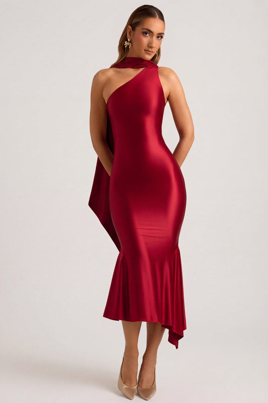 Asymmetric Scarf-Detail Midaxi Dress in True Red