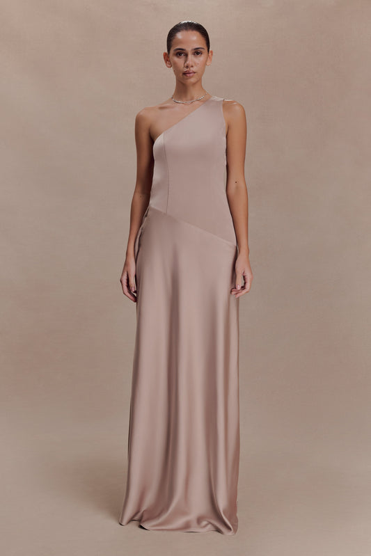 Lyla Asymmetrical Satin Maxi Dress - Bronze Taupe