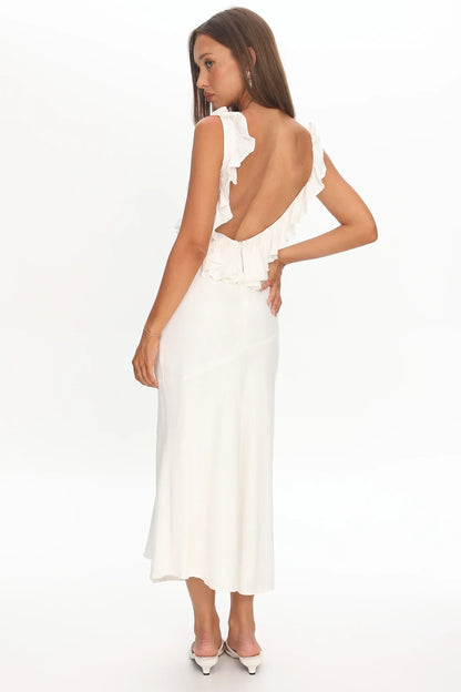 Alba Frill Trim Midi Dress White
