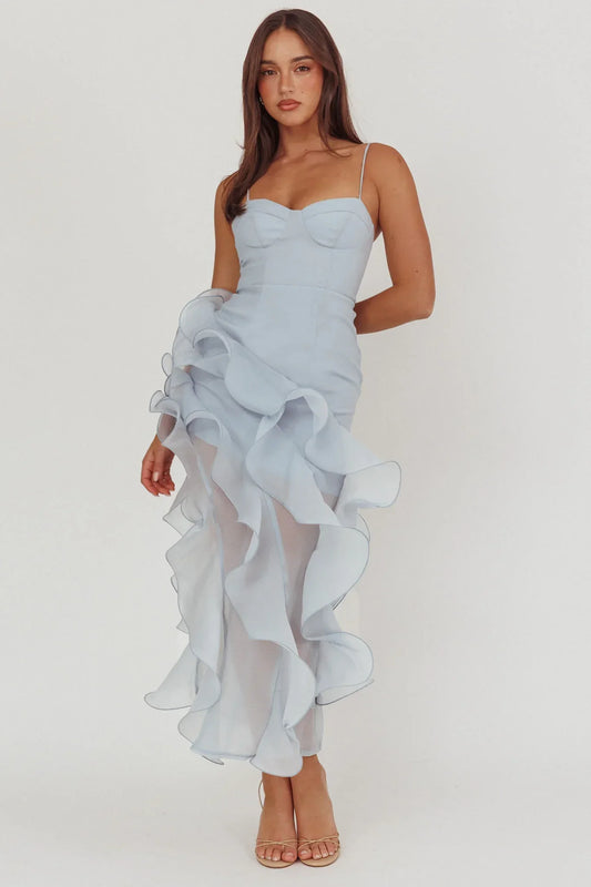 Charmayne Asymmetric Ruffle Trim Maxi Dress Blue