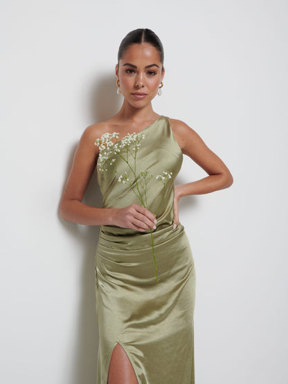 Amelia Ruched Maxi Bridesmaid Dress - Matte Olive
