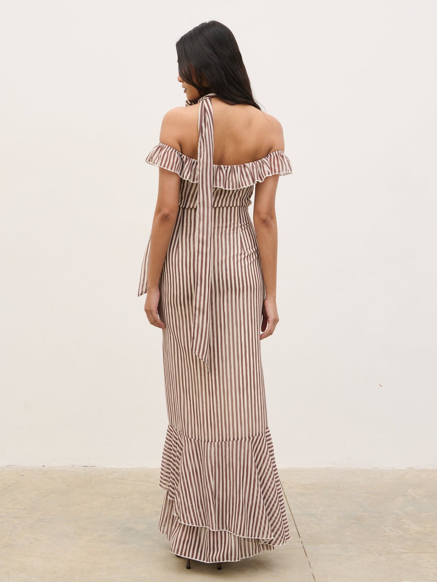 Aveline Bardot Maxi Dress - Brown and Cream Stripe