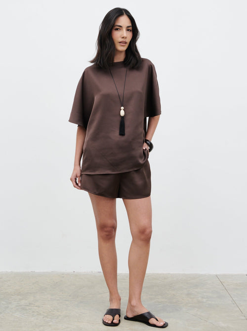 Breya Satin Drawstring Shorts - Chocolate Brown
