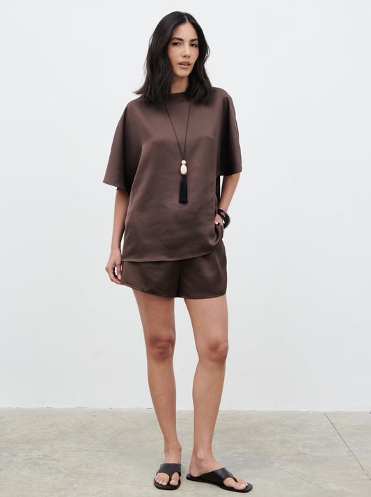 Breya Satin Drawstring Shorts - Chocolate Brown