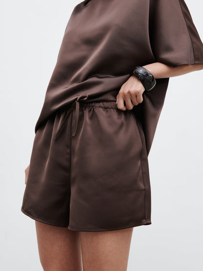 Breya Satin Drawstring Shorts - Chocolate Brown