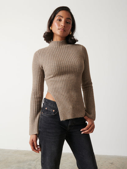 Charley Turtle Neck Asymmetric Hem Knit Top - Mushroom