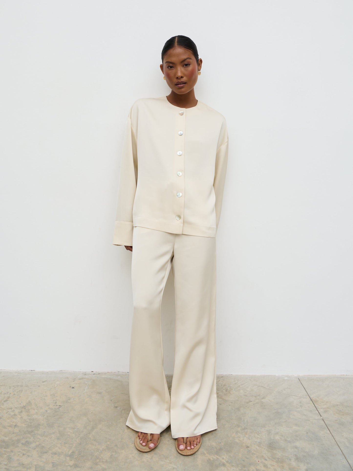 Dua Satin Button Blouse - Oyster