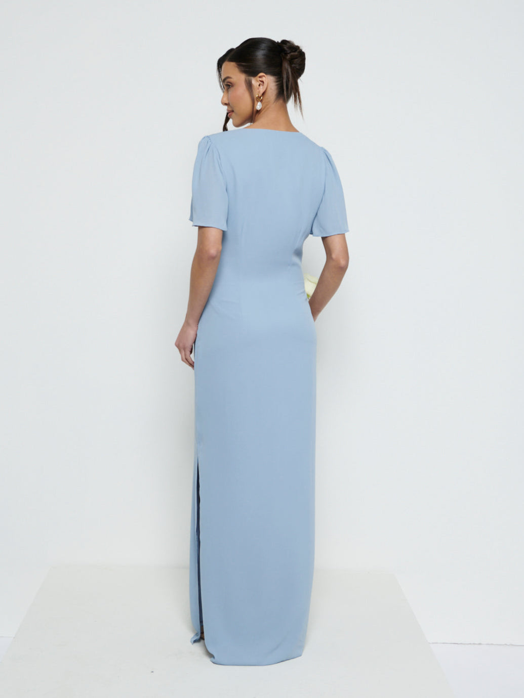 Edie Chiffon Short Sleeve Maxi Bridesmaid Dress - Dusty Blue