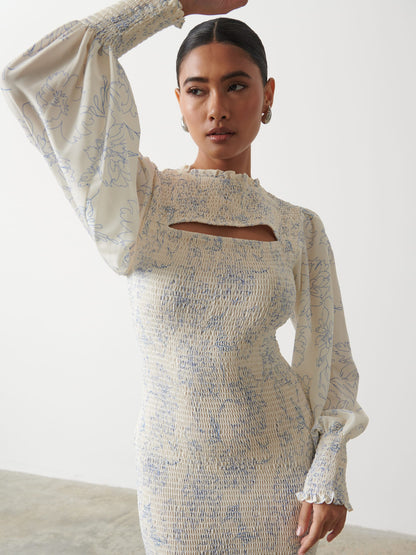 Elise Cut Out Shirred Printed Midaxi Dress - Peony Abstract Floral Print