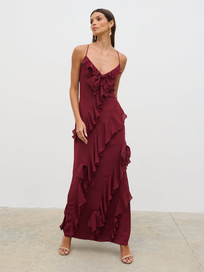 Elle Ruffle Bow Maxi Dress - Wine