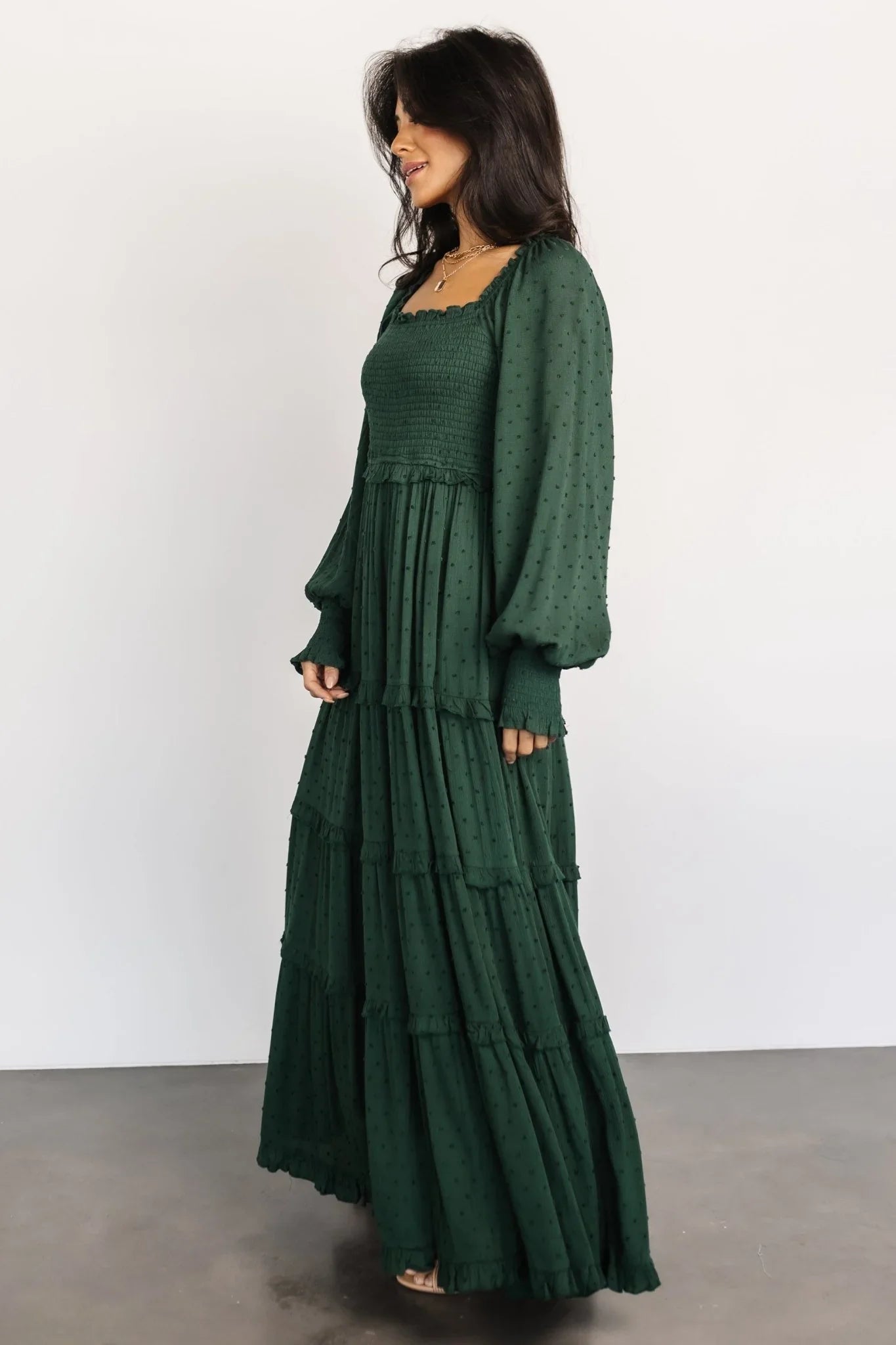 Amanda Smocked Dotted Maxi Dress | Evergreen