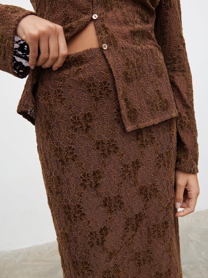 Francessca Lace Maxi Skirt - Brown Velvet