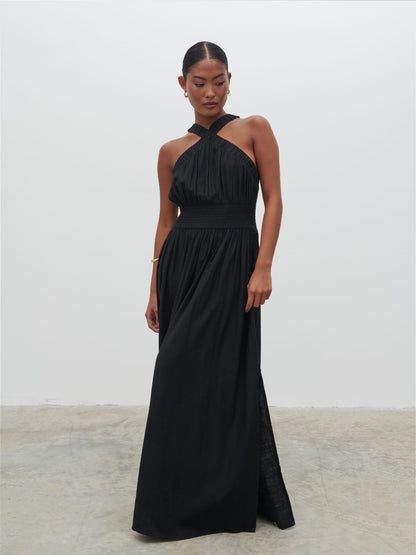 Hollie Shirred Maxi Dress - Black