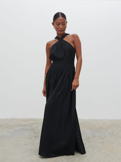 Hollie Shirred Maxi Dress - Black