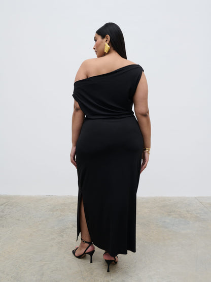 Janece Asymmetric Jersey Dress Curve - Black