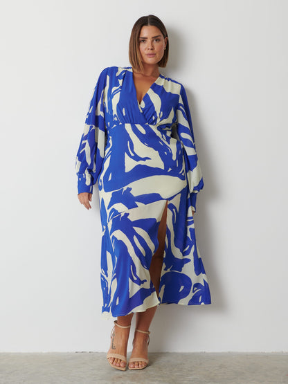 Lilianna Backless Balloon Sleeve Printed Dress - Blue Abstract