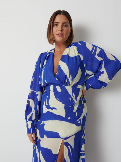 Lilianna Backless Balloon Sleeve Printed Dress - Blue Abstract