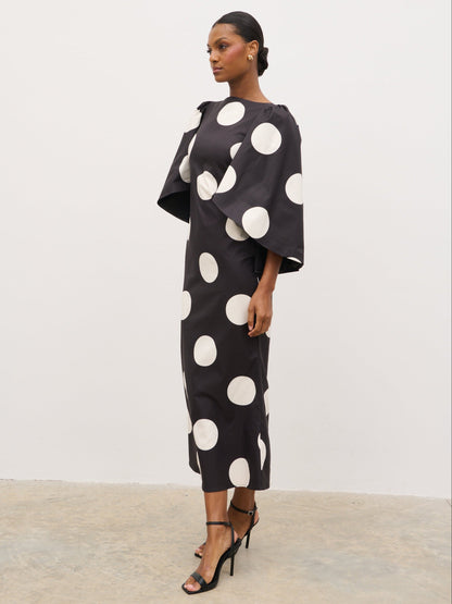 Liora A-Line Midaxi Dress - Black and Cream Polkadot