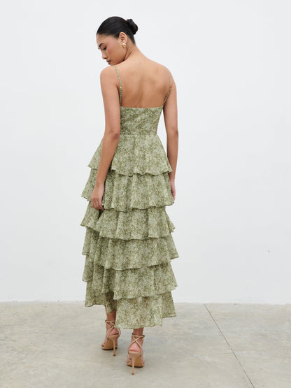 Lissy Ruffle Midaxi Dress - Green Abstract Print