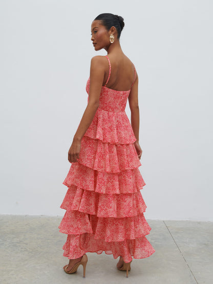 Lissy Ruffle Midaxi Dress - Pink Multi Abstract Print