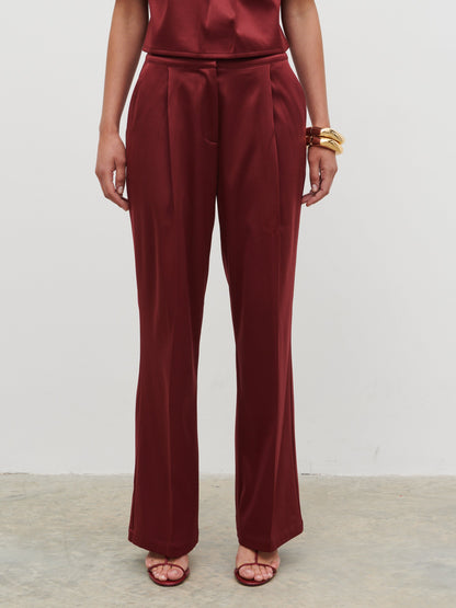 Lorah Wide Leg Bonded Satin Trousers - Wine