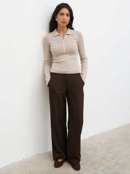 Colson Tailored Wide Leg Trousers - Chocolate