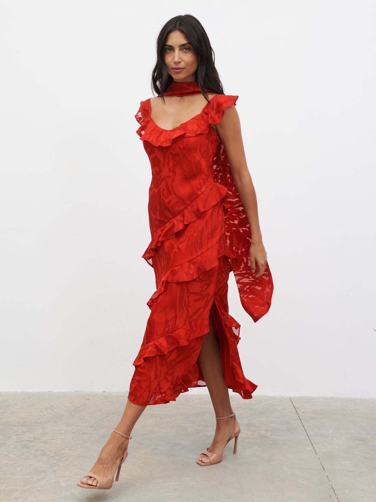Neima Devore Frill Midaxi Dress - Red