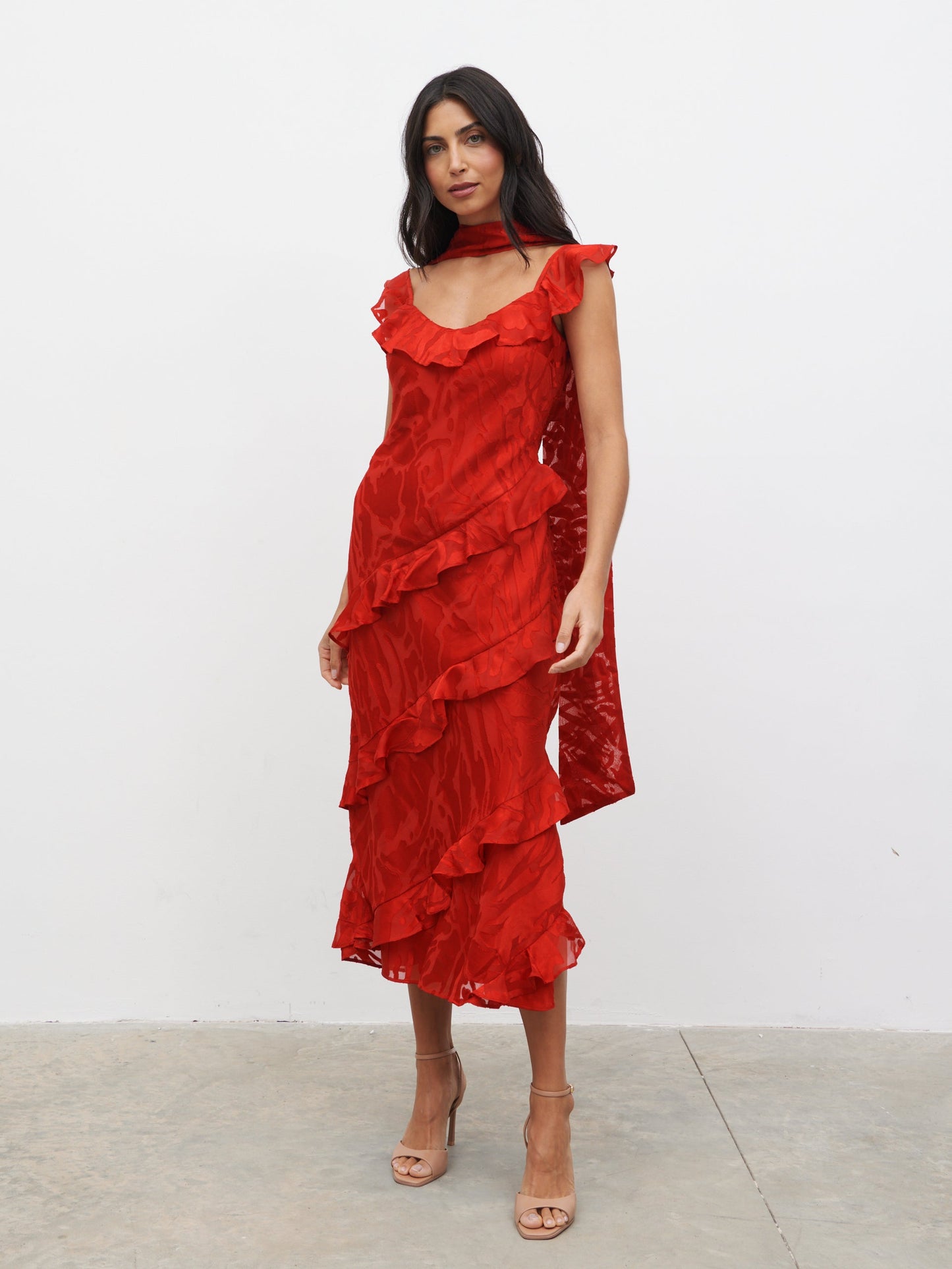 Neima Devore Frill Midaxi Dress - Red