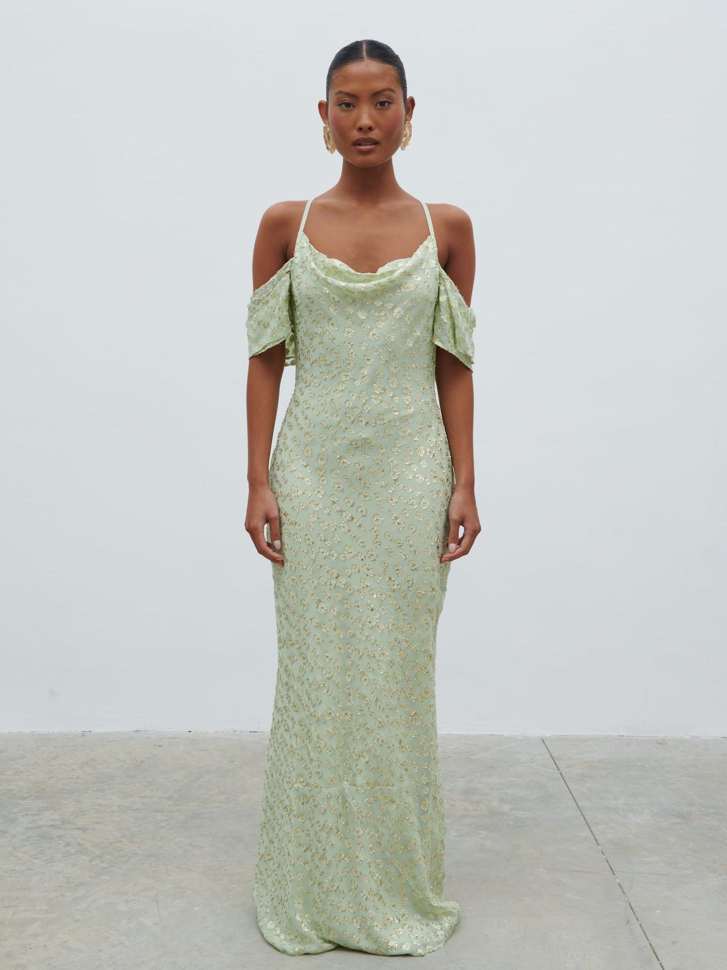 Nia Draped Cold Shoulder Maxi Dress - Pistachio Metallic