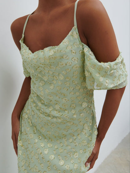 Nia Draped Cold Shoulder Maxi Dress - Pistachio Metallic