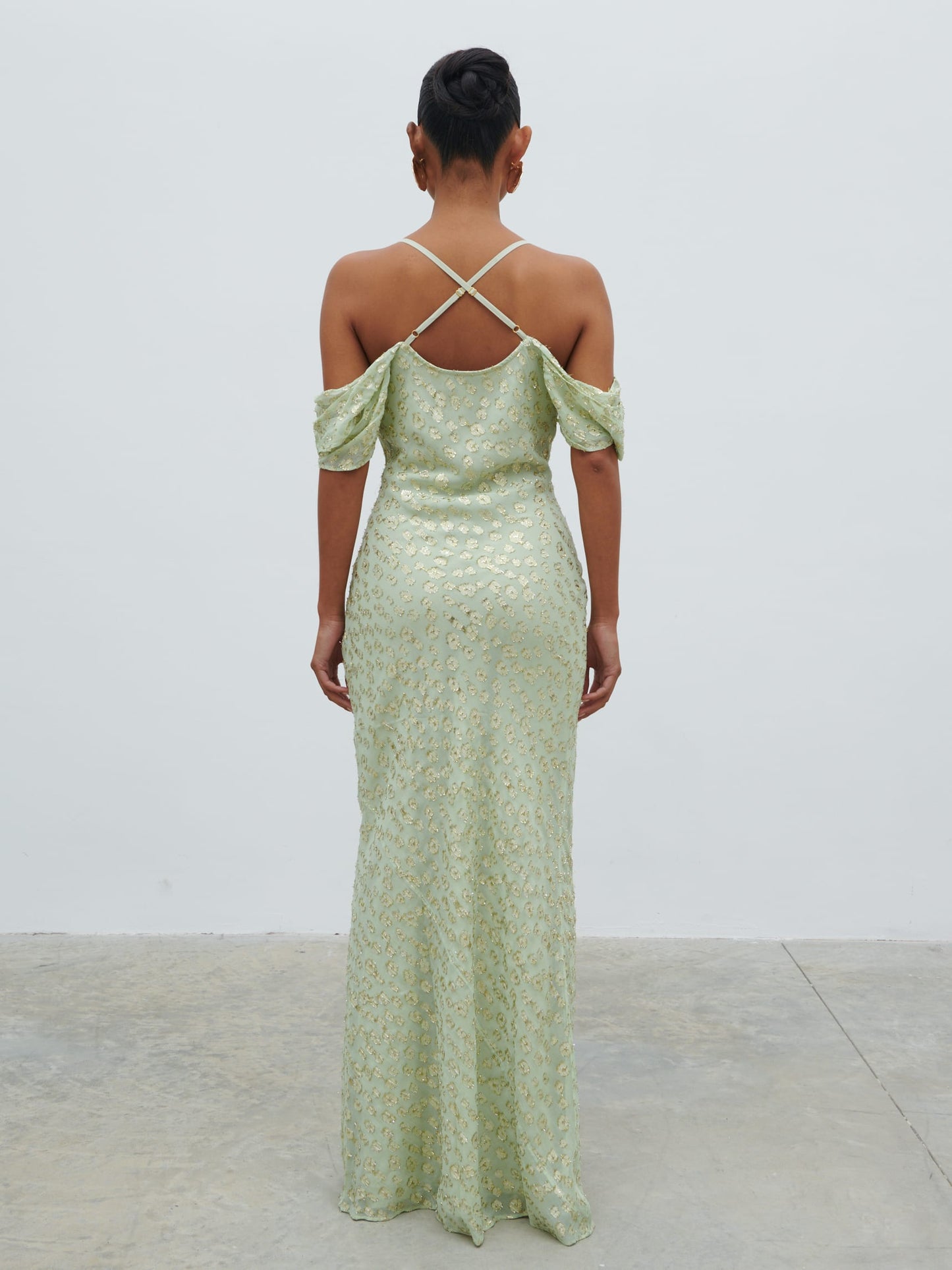 Nia Draped Cold Shoulder Maxi Dress - Pistachio Metallic