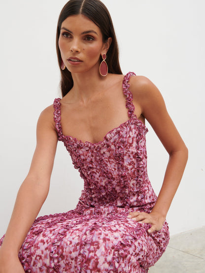 Ola Sweetheart Frill Maxi Dress - Pink and Lilac Abstract