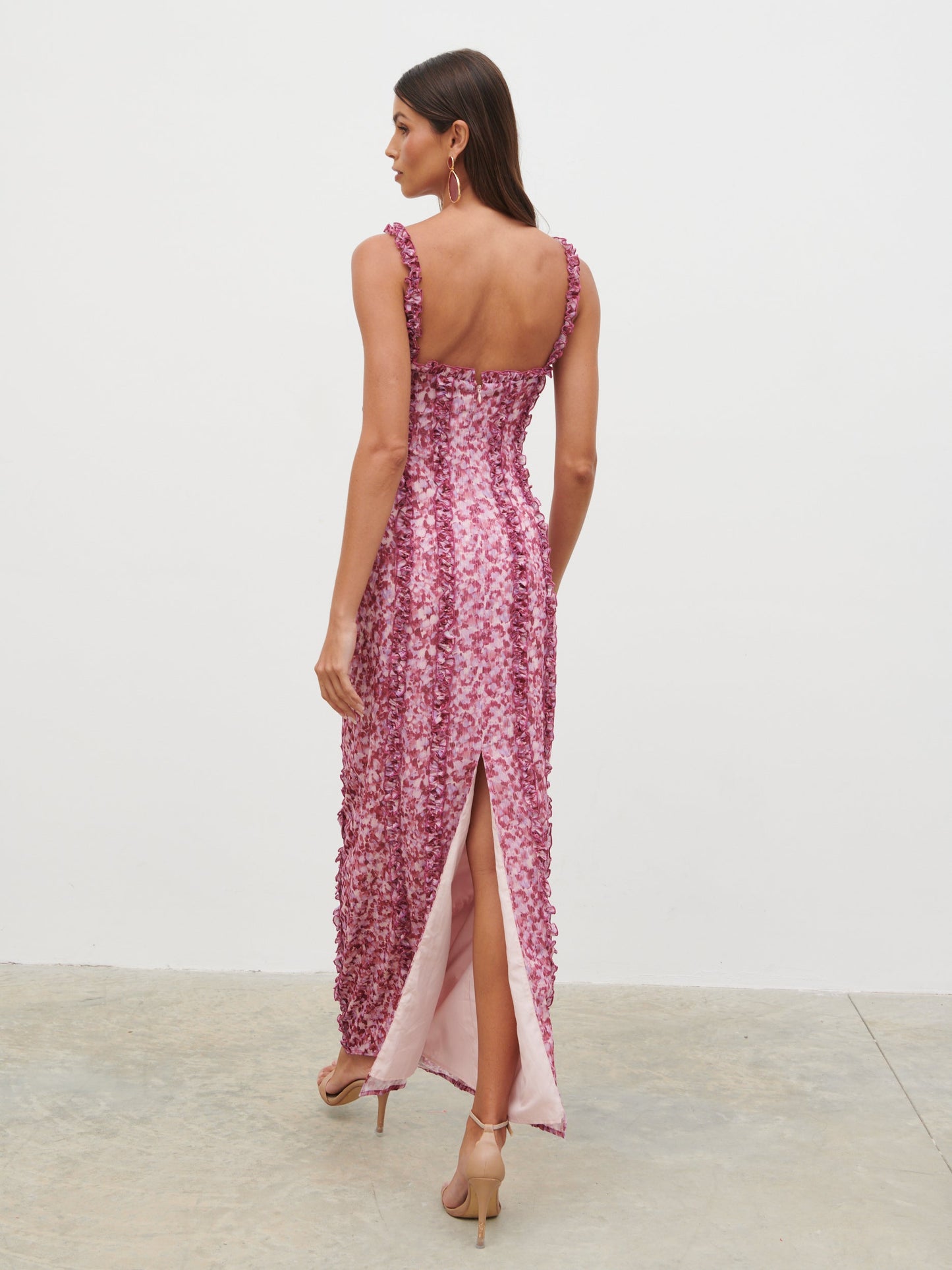Ola Sweetheart Frill Maxi Dress - Pink and Lilac Abstract