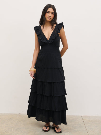 Opal Ruffle Midaxi Dress - Black