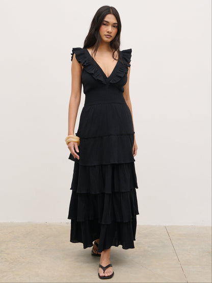 Opal Ruffle Midaxi Dress - Black