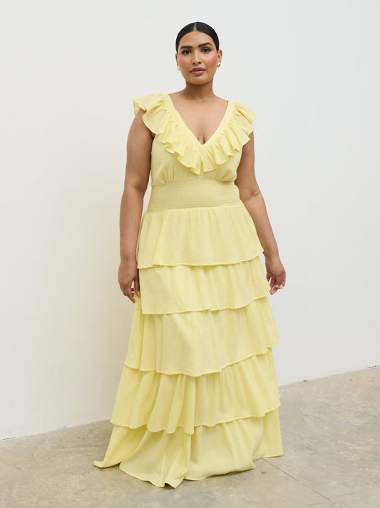 Opal Ruffle Maxi Dress Curve - Lemon