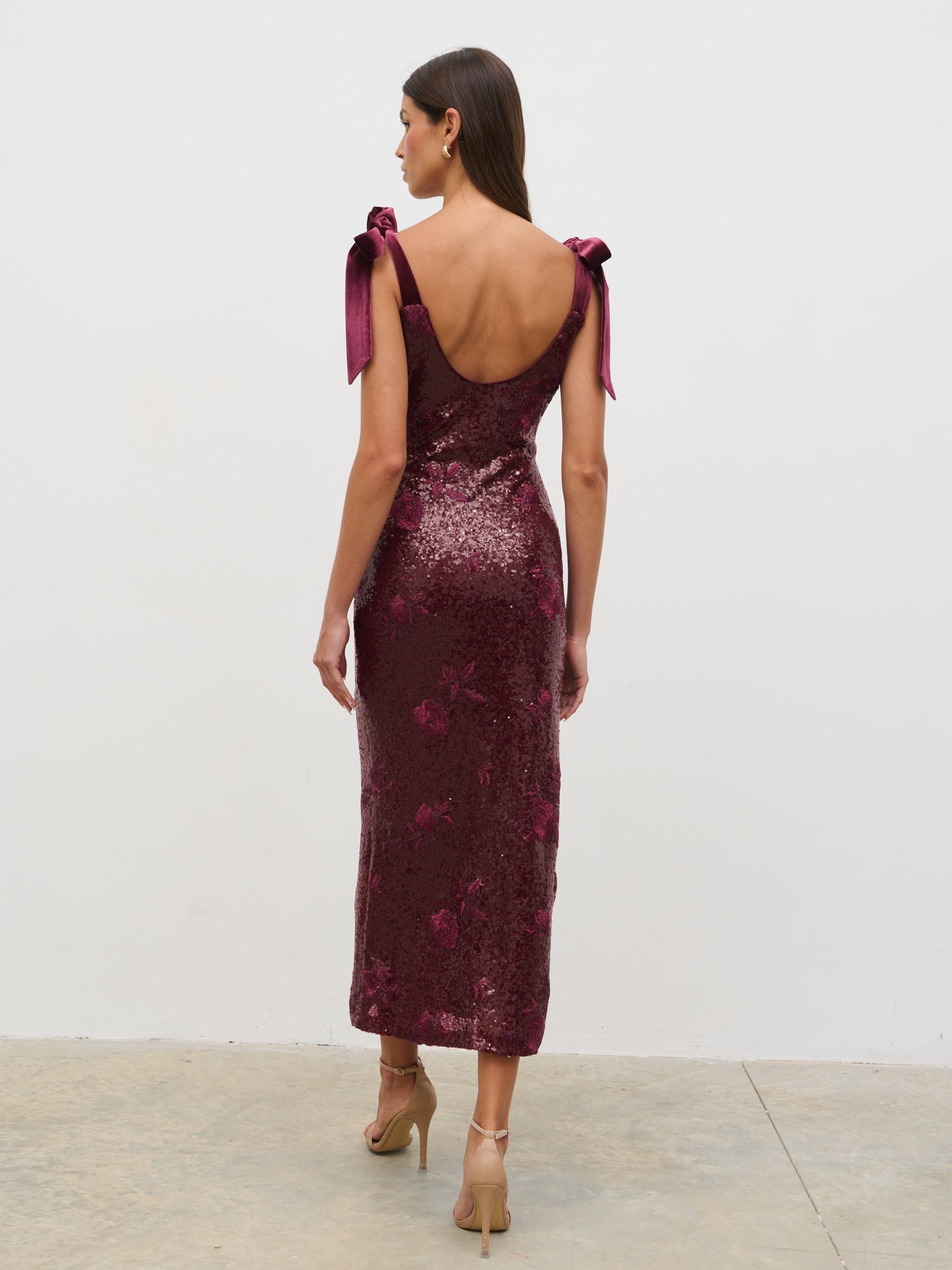 Romy Tie Sequin Midaxi Dress - Wine Floral Sequin