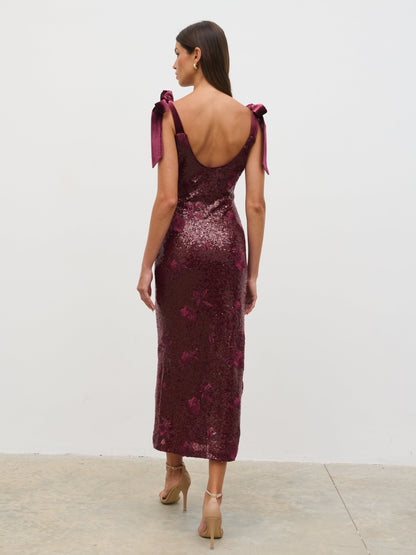 Romy Tie Sequin Midaxi Dress - Wine Floral Sequin
