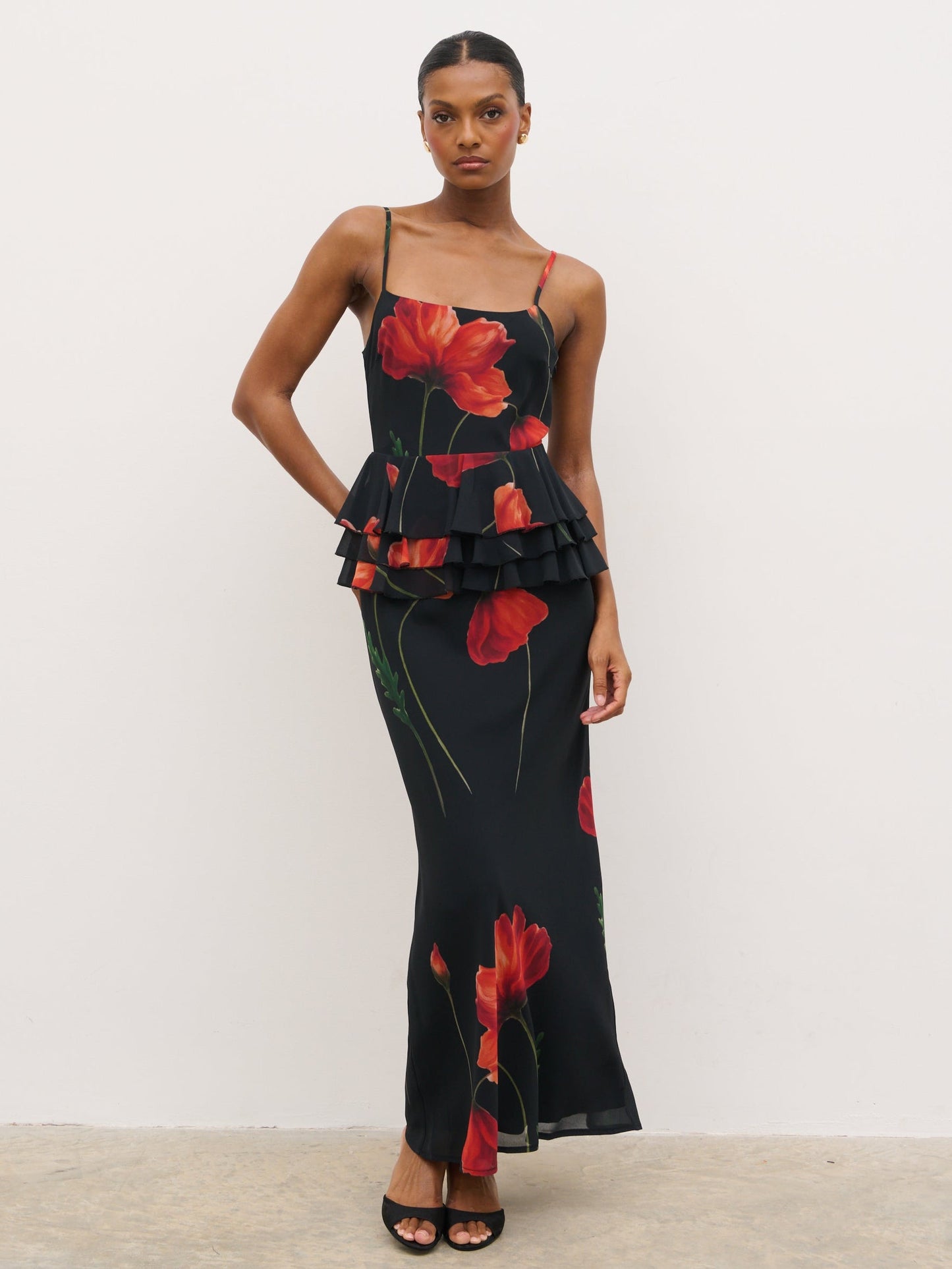 Rosie Peplum Ruffle Maxi Dress - Largescale Poppy Petal Red