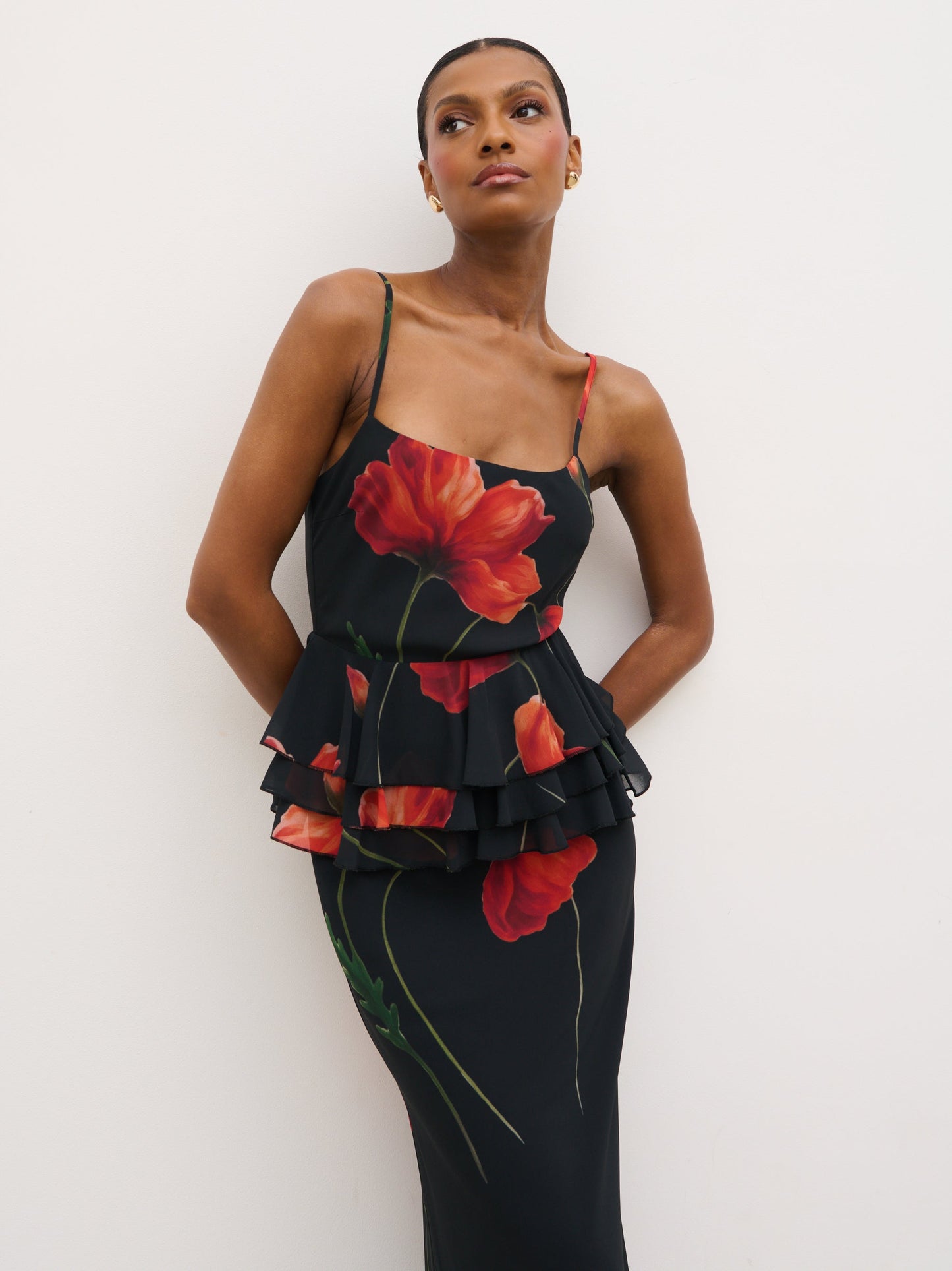 Rosie Peplum Ruffle Maxi Dress - Largescale Poppy Petal Red
