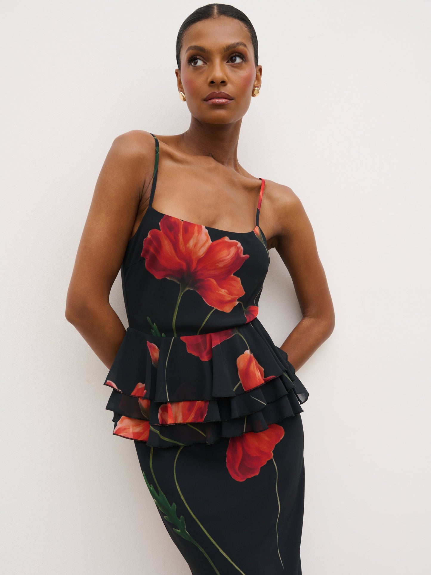Rosie Peplum Ruffle Maxi Dress - Largescale Poppy Petal Red