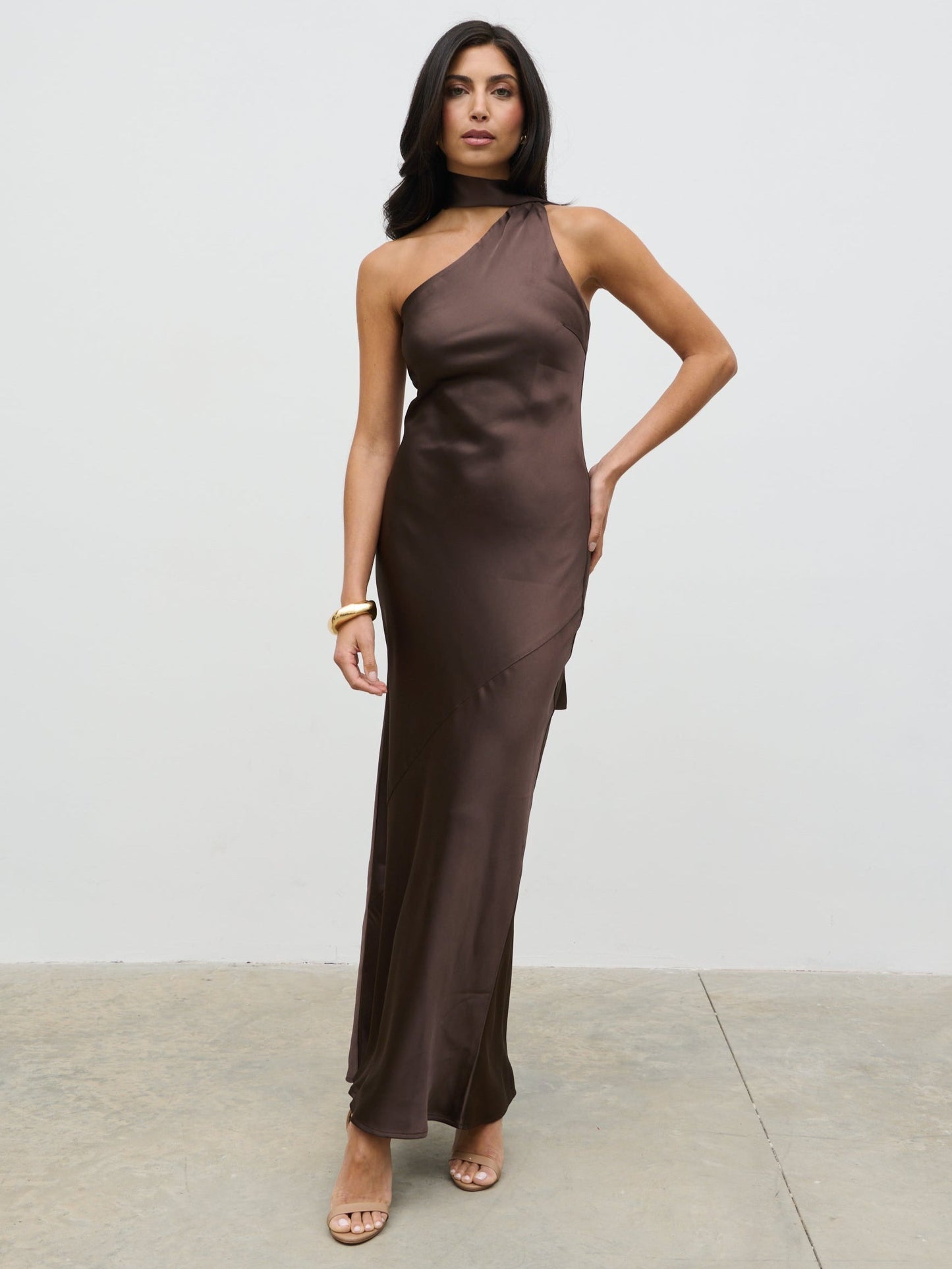 Sheree One Shoulder Sash Maxi Dress - Chocolate Brown