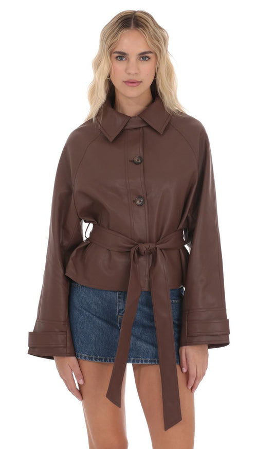 Belted Faux Leather Jacket in Black