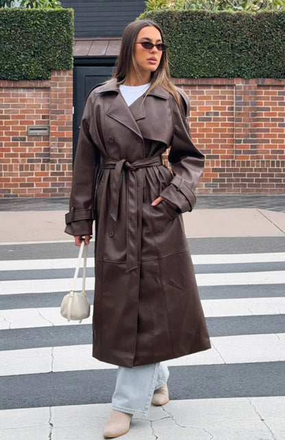 Do I Ever PU Trench Coat Chocolate